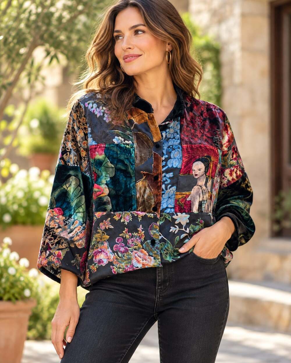 Draper's & Damon's Patchwork Velvet Jacket PXL Multi Silk Blend Petites